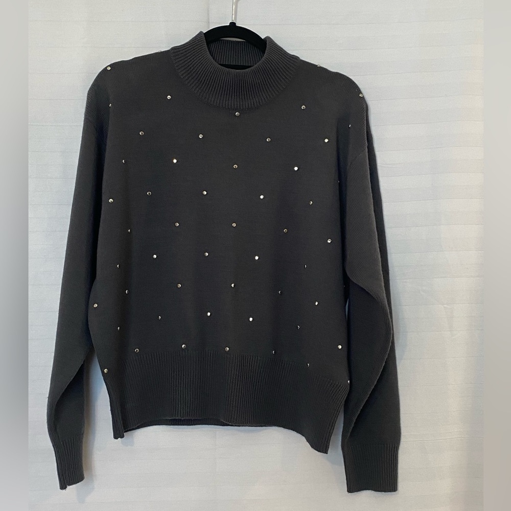 Women's Grey Studded Wool Blend Mock Neck Soft Knit Sweater Large Goth Mobwife - Picture 2 of 13